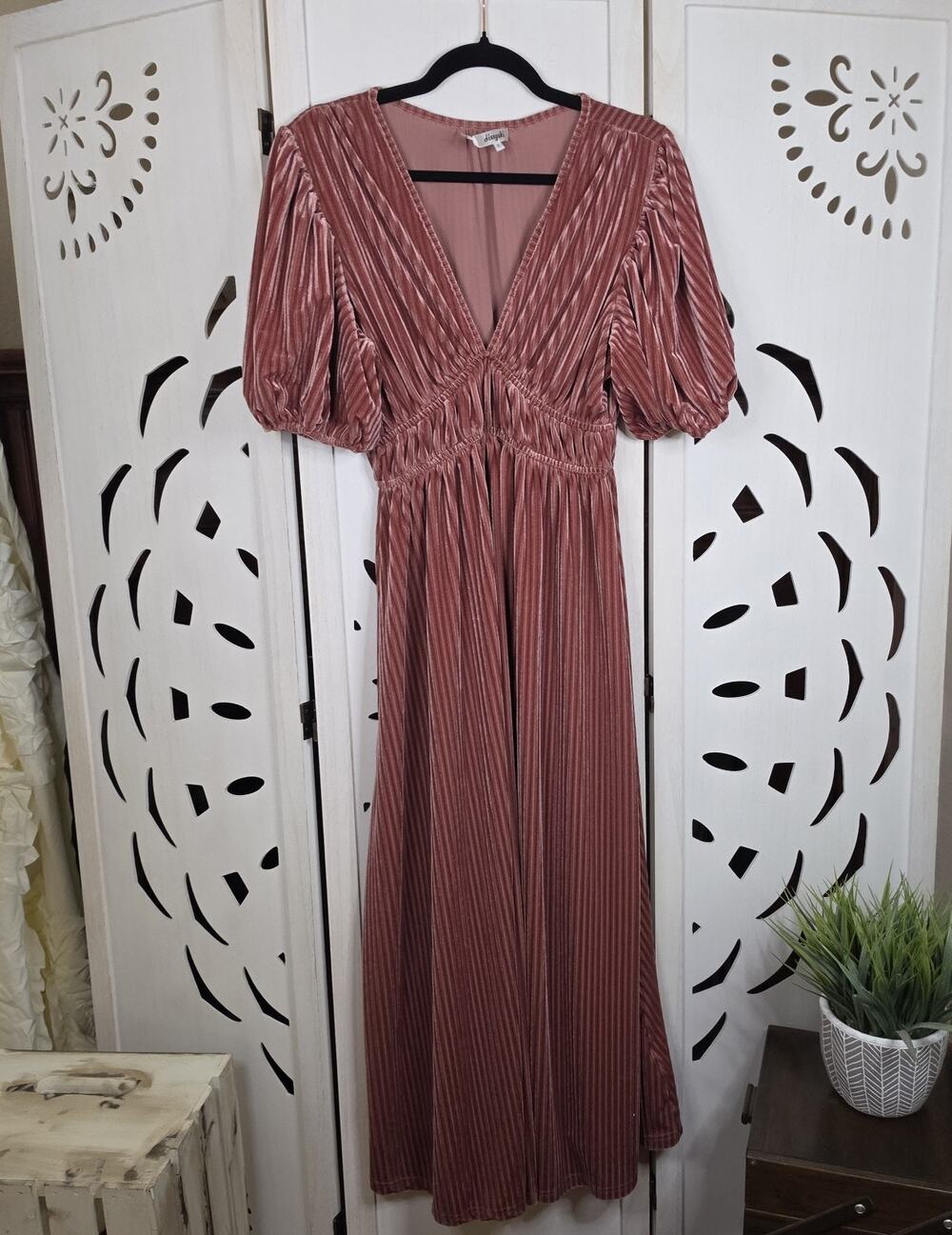 Sissyaki Coquette Ribbed Velvet Maxi Dress Short Sleeve Pink Size Small